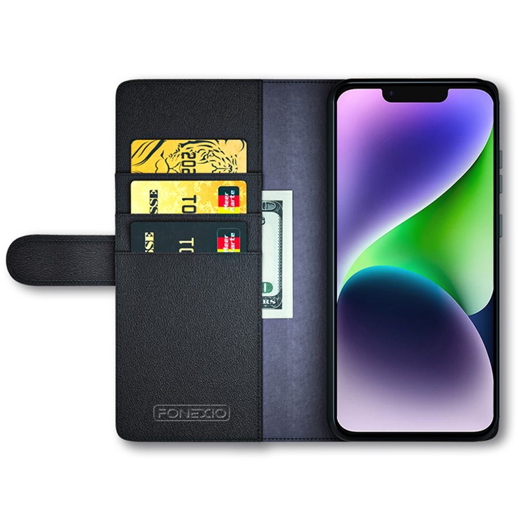 OEM iPhone 15 Plus Plånboksfodral Äkta Läder Anti-Dust - Svart