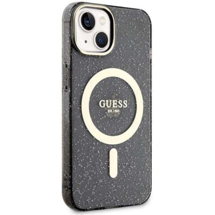 Guess Guess Mobilskal till iPhone 14 MagSafe Glitter Guld - Svart