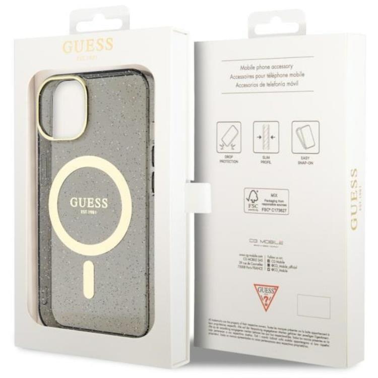 Guess Guess Mobilskal till iPhone 14 MagSafe Glitter Guld - Svart