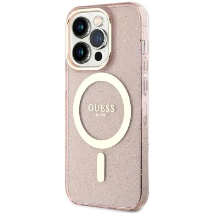 Guess Guess Mobilskal till iPhone 14 Pro MagSafe Glitter Guld - Rosa