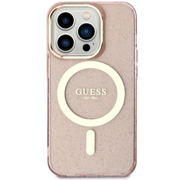 Guess Guess Mobilskal till iPhone 14 Pro MagSafe Glitter Guld - Rosa