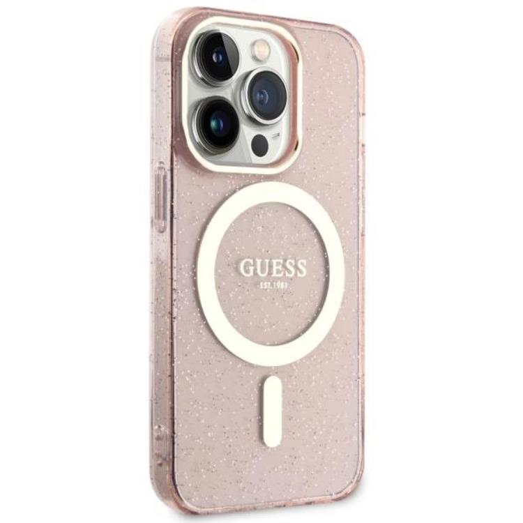 Guess Guess Mobilskal till iPhone 14 Pro MagSafe Glitter Guld - Rosa