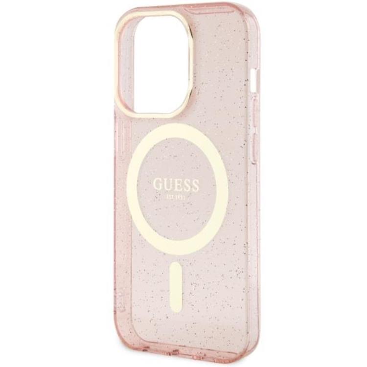 Guess Guess Mobilskal till iPhone 14 Pro MagSafe Glitter Guld - Rosa