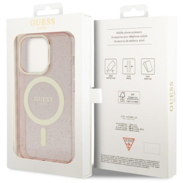 Guess Guess Mobilskal till iPhone 14 Pro MagSafe Glitter Guld - Rosa
