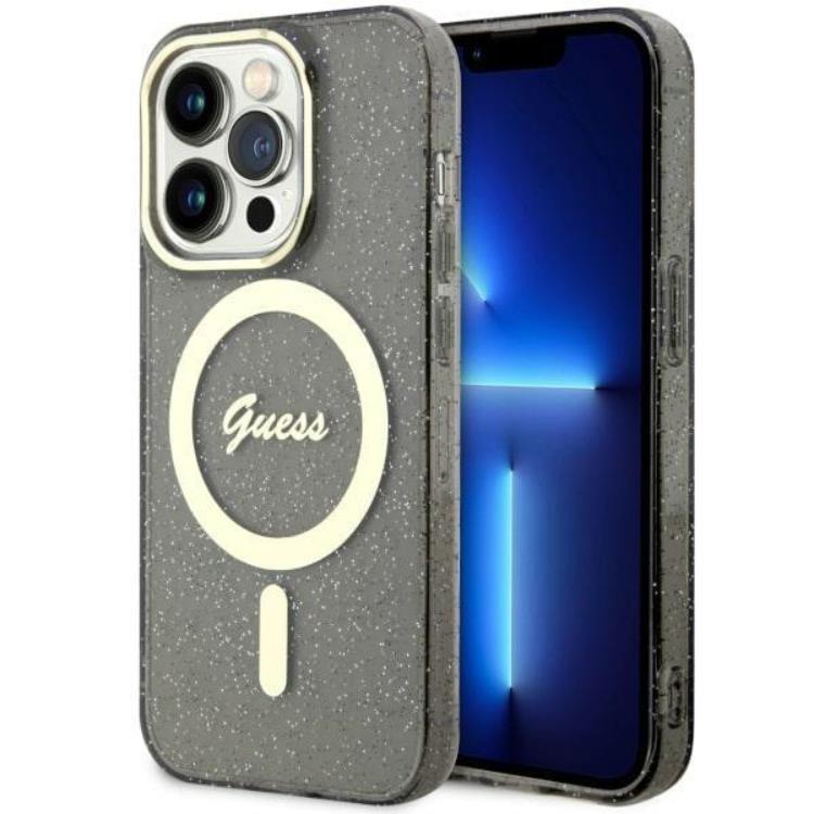 Guess Guess Mobilskal till iPhone 14 Pro MagSafe Glitter Guld - Svart