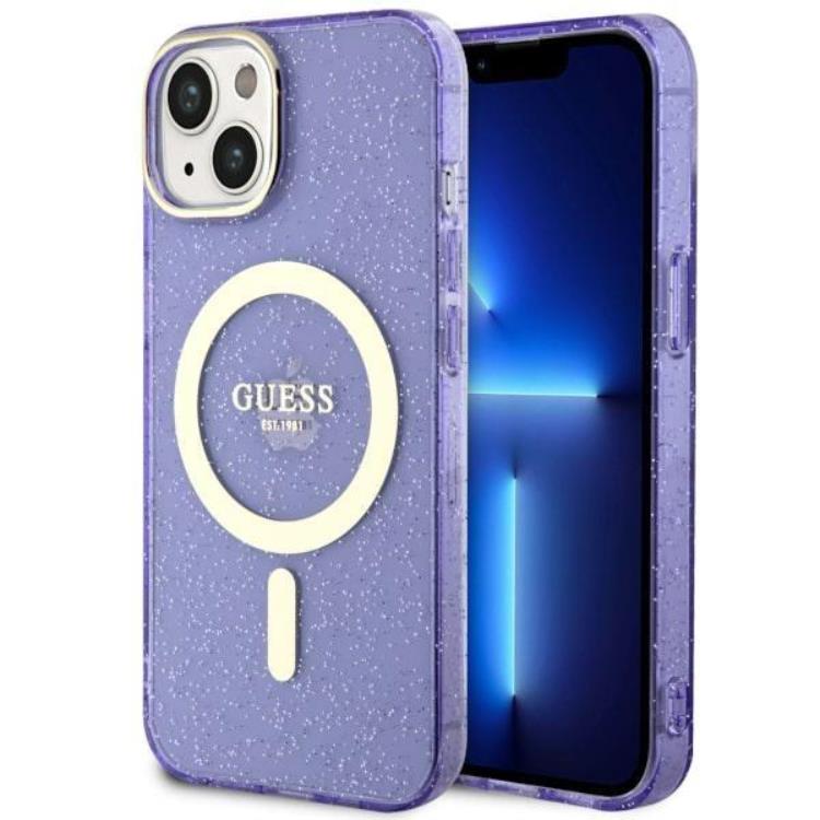 Guess Guess Mobilskal till iPhone 14 Plus MagSafe Glitter Guld - Lila