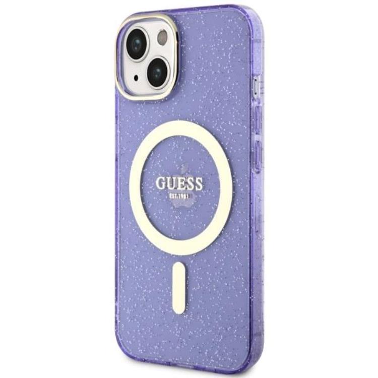 Guess Guess Mobilskal till iPhone 14 Plus MagSafe Glitter Guld - Lila