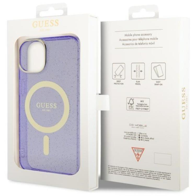 Guess Guess Mobilskal till iPhone 14 Plus MagSafe Glitter Guld - Lila