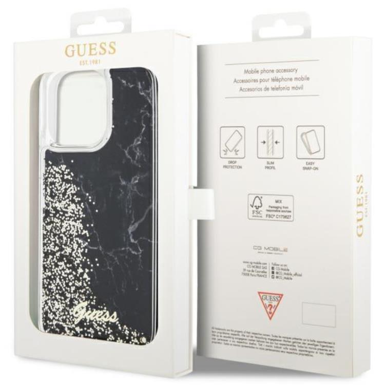 Guess Guess Mobilskal till iPhone 14 Pro Max Liquid Glitter Marble - Svart