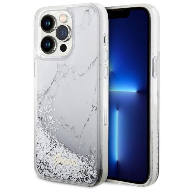Guess Guess Mobilskal till iPhone 14 Pro Max Liquid Glitter Marble - Vit