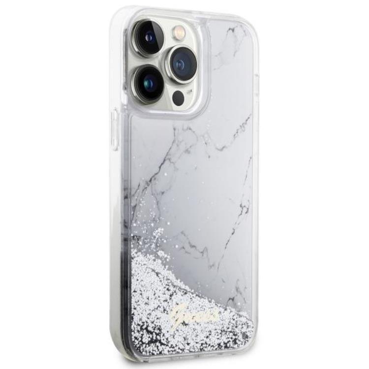 Guess Guess Mobilskal till iPhone 14 Pro Max Liquid Glitter Marble - Vit