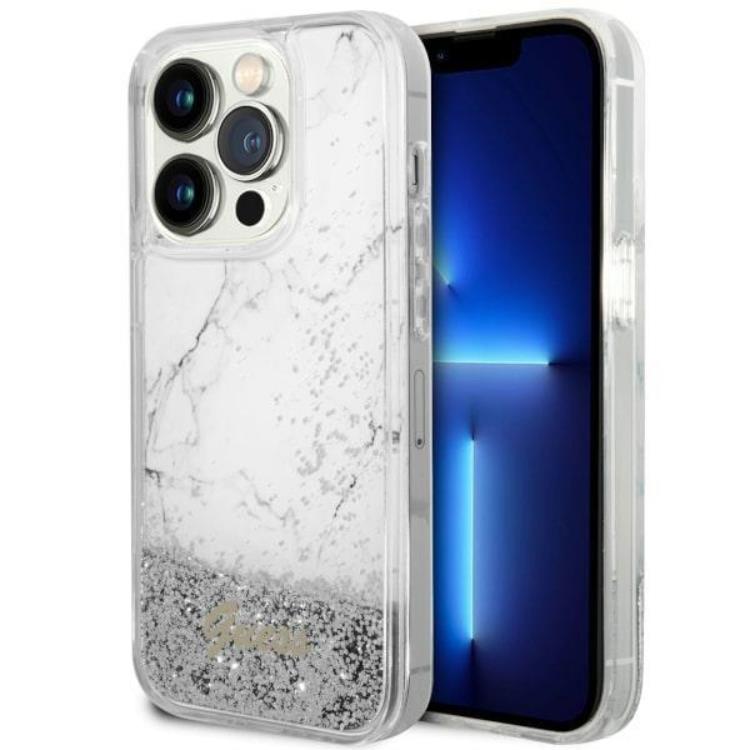 Guess Guess Mobilskal till iPhone 14 Pro Liquid Glitter Marble - Vit