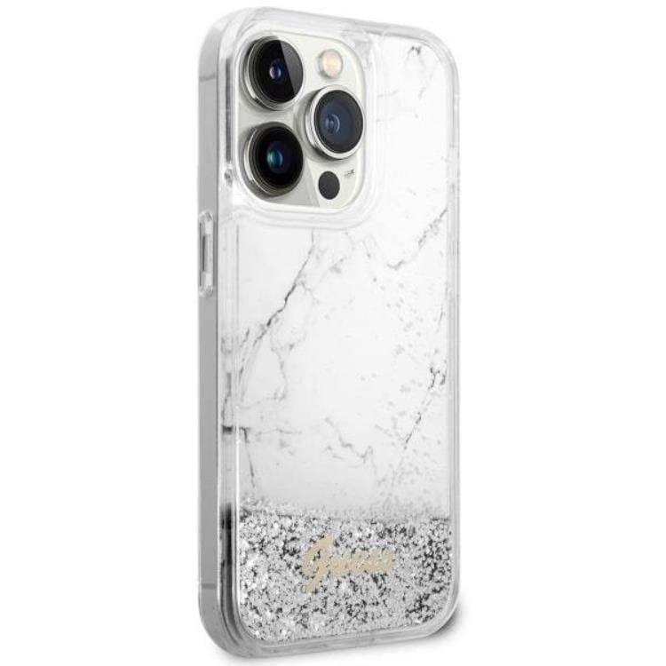 Guess Guess Mobilskal till iPhone 14 Pro Liquid Glitter Marble - Vit