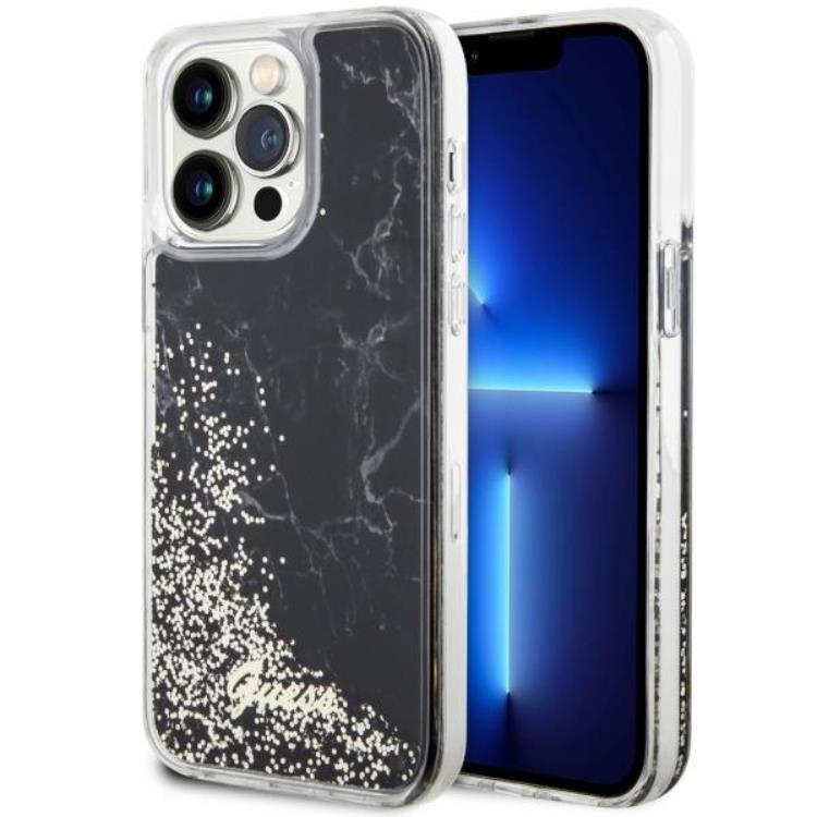Guess Guess Mobilskal till iPhone 14 Pro Liquid Glitter Marble - Svart