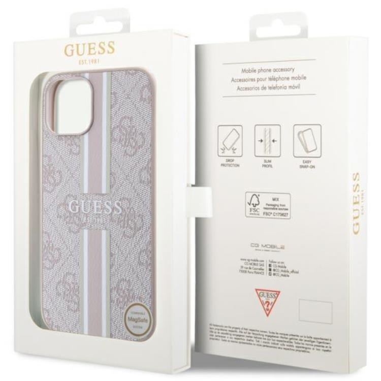 Guess Guess Mobilskal till iPhone 14 MagSafe Printed Stripes - Rosa