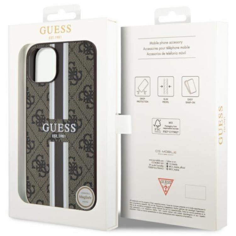 Guess Guess Mobilskal till iPhone 14 MagSafe Printed Stripes - Brun