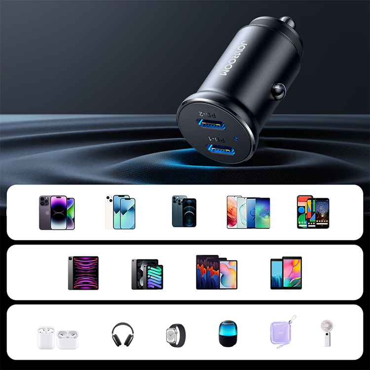 Joyroom Joyroom Mini Metall Billaddare 30W 2x USB-C - Svart