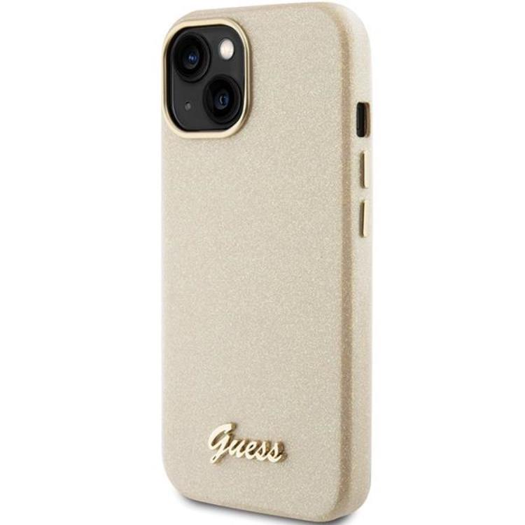 Guess Guess Mobilskal till iPhone 15 Glitter Glossy Script - Guld