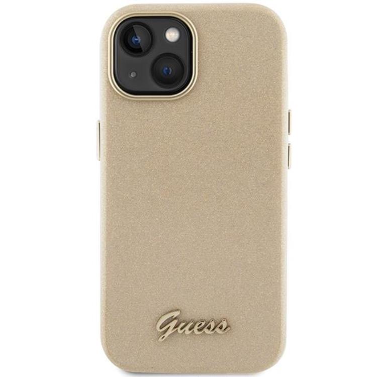 Guess Guess Mobilskal till iPhone 15 Glitter Glossy Script - Guld