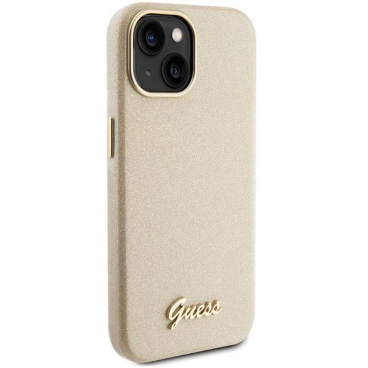 Guess Guess Mobilskal till iPhone 15 Glitter Glossy Script - Guld