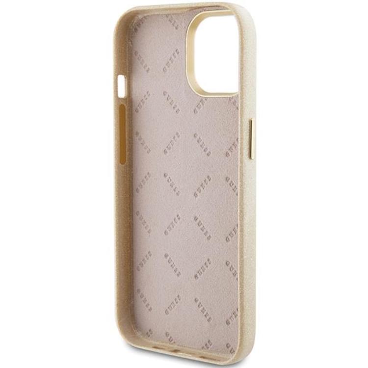 Guess Guess Mobilskal till iPhone 15 Glitter Glossy Script - Guld