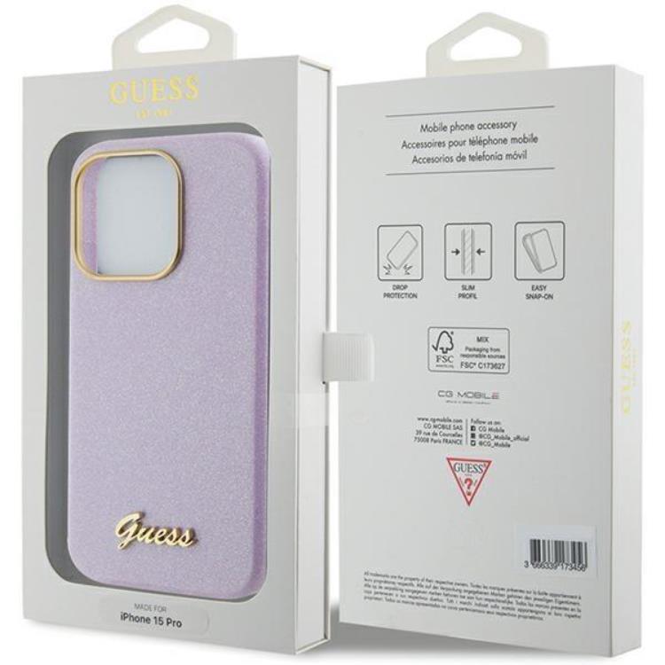 Guess Guess Mobilskal till iPhone 15 Pro Max Glitter Glossy Script - Lila
