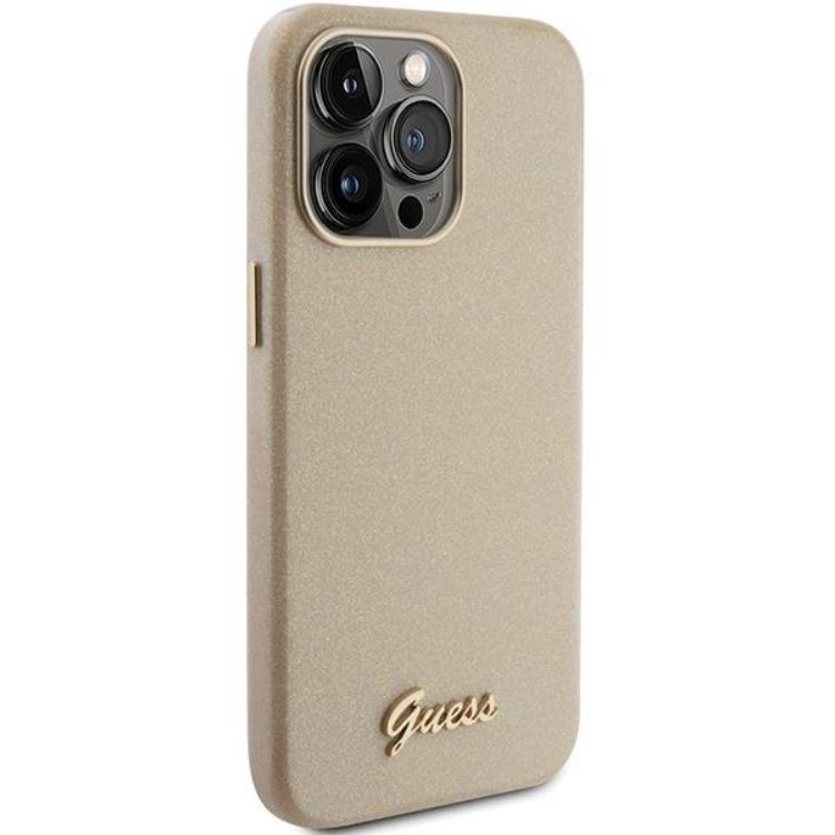 Guess Guess Mobilskal till iPhone 15 Pro Glitter Glossy Script - Guld