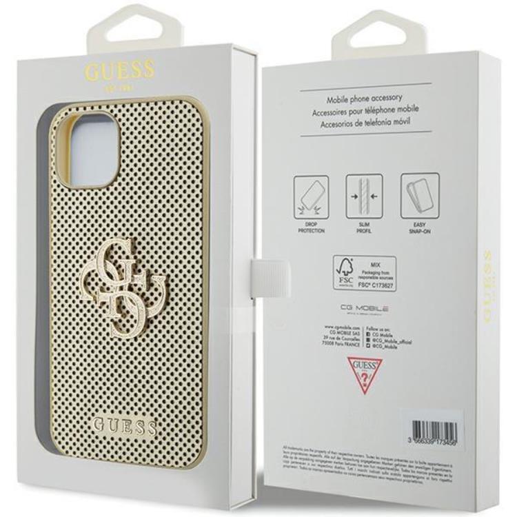 Guess Guess Mobilskal till iPhone 15 Perforated Glitter - Guld