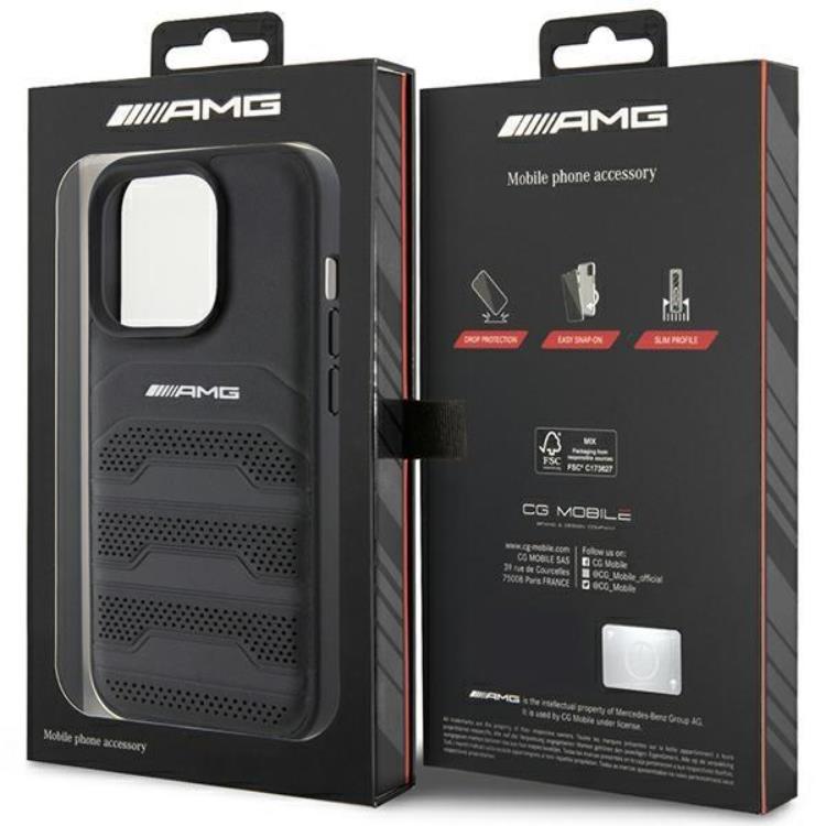 Mercedes AMG iPhone 15 Pro Mobilskal Läder Debossed Lines - Svart
