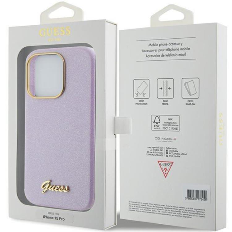 Guess Guess Mobilskal till iPhone 15 Pro Glitter Glossy Script - Lila