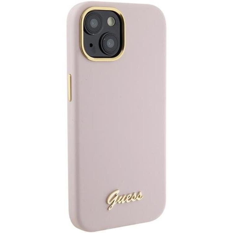 Guess Guess Mobilskal till iPhone 15 Silikon Script Metal Logo - Rosa
