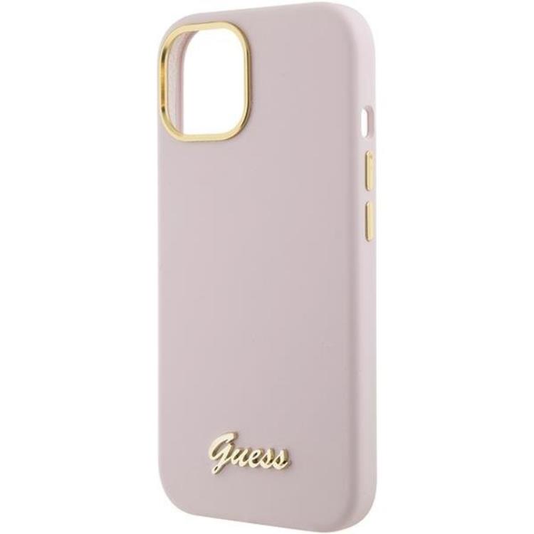 Guess Guess Mobilskal till iPhone 15 Silikon Script Metal Logo - Rosa