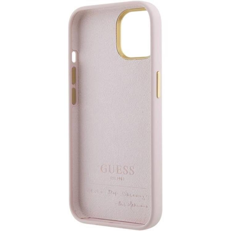 Guess Guess Mobilskal till iPhone 15 Silikon Script Metal Logo - Rosa