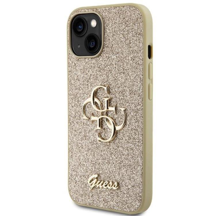 Guess Guess Mobilskal till iPhone 15 Glitter Script Big - Guld