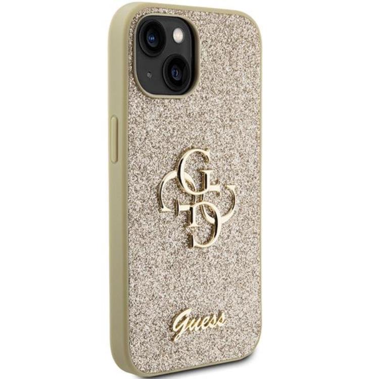 Guess Guess Mobilskal till iPhone 15 Glitter Script Big - Guld