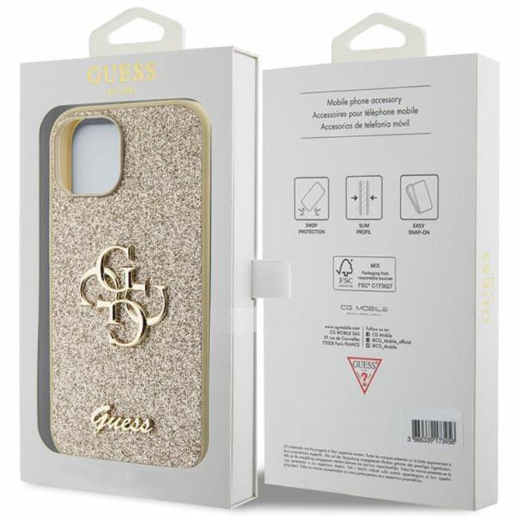 Guess Guess Mobilskal till iPhone 15 Glitter Script Big - Guld