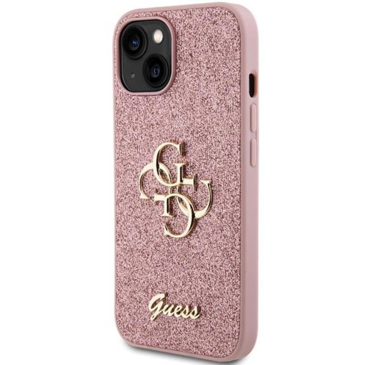 Guess Guess Mobilskal till iPhone 15 Glitter Script Big - Rosa