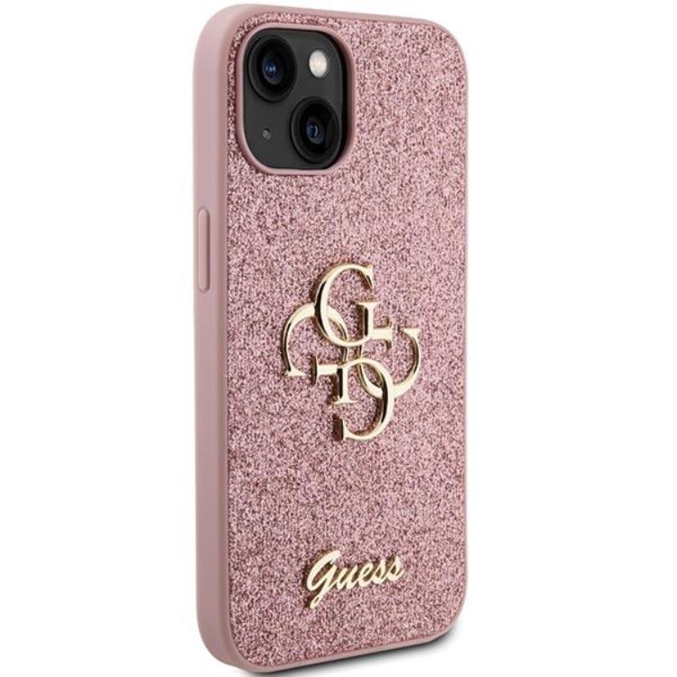 Guess Guess Mobilskal till iPhone 15 Glitter Script Big - Rosa