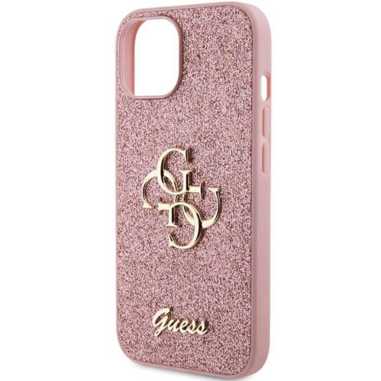 Guess Guess Mobilskal till iPhone 15 Glitter Script Big - Rosa