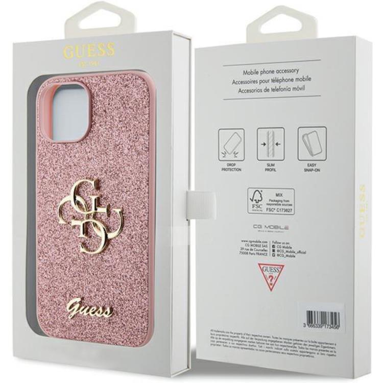 Guess Guess Mobilskal till iPhone 15 Glitter Script Big - Rosa