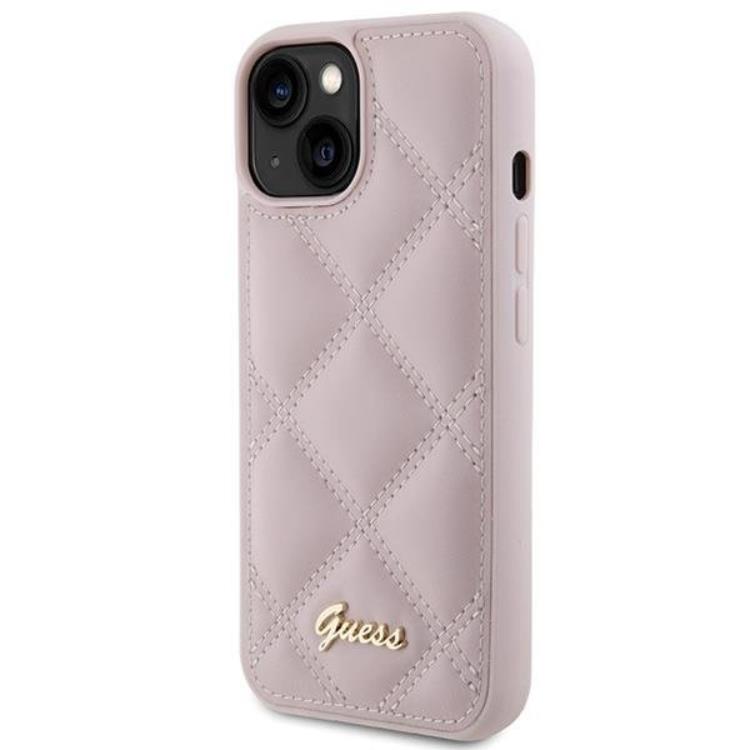 Guess Guess Mobilskal till iPhone 15 Quilted Metal Logo - Rosa
