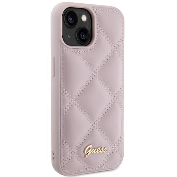Guess Guess Mobilskal till iPhone 15 Quilted Metal Logo - Rosa