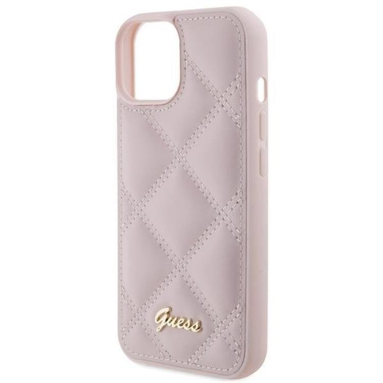 Guess Guess Mobilskal till iPhone 15 Quilted Metal Logo - Rosa