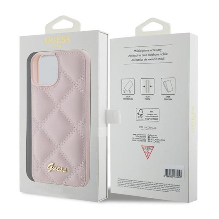 Guess Guess Mobilskal till iPhone 15 Quilted Metal Logo - Rosa