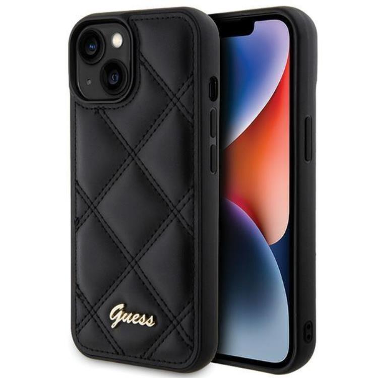 Guess Guess Mobilskal till iPhone 15 Quilted Metal Logo - Svart