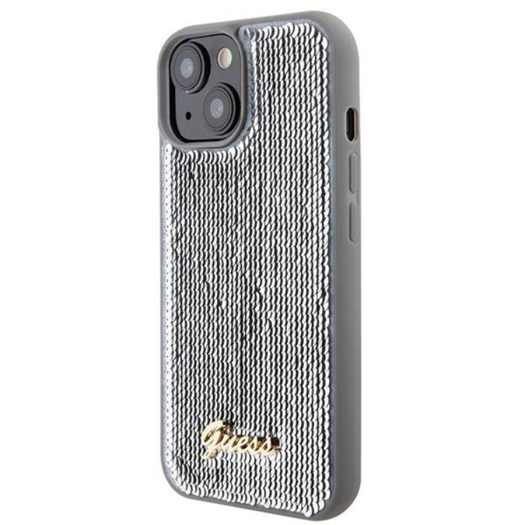 Guess Guess Mobilskal till iPhone 15 Sequin Script Metal - Silver