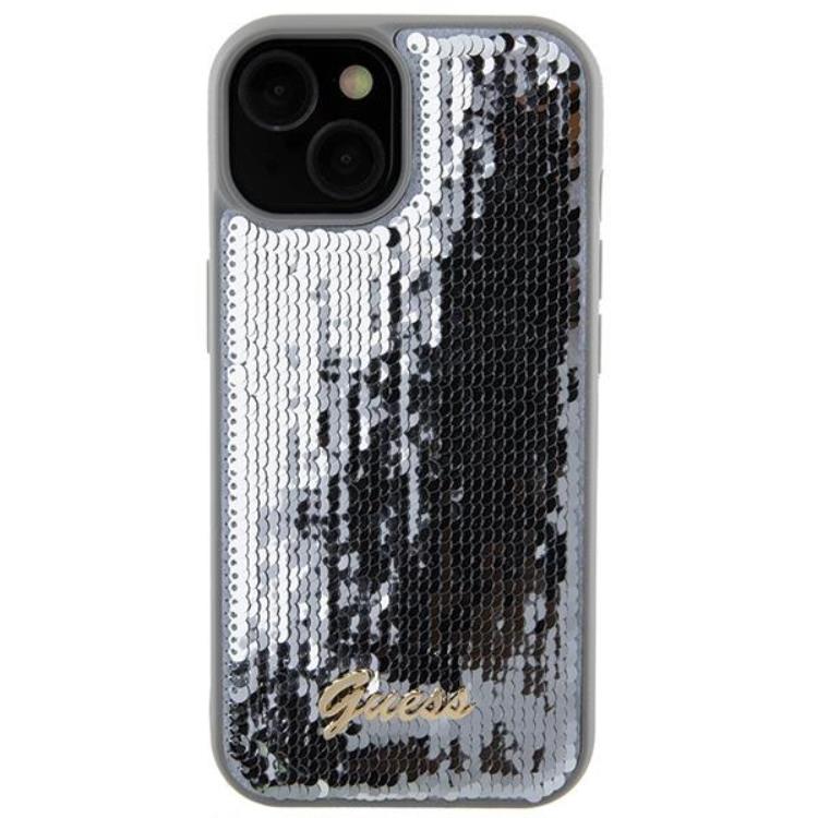 Guess Guess Mobilskal till iPhone 15 Sequin Script Metal - Silver