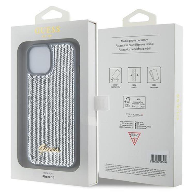 Guess Guess Mobilskal till iPhone 15 Sequin Script Metal - Silver