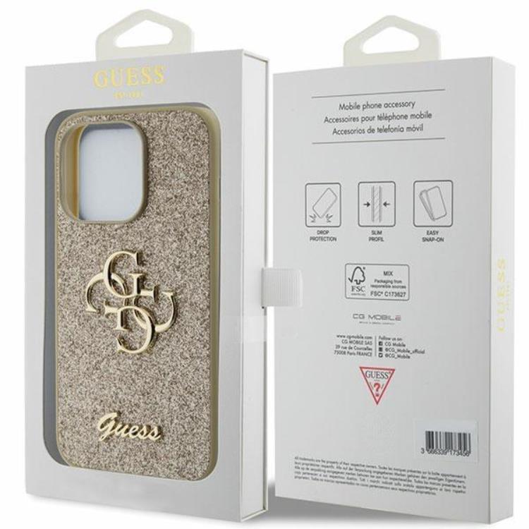 Guess Guess Mobilskal till iPhone 15 Pro Glitter Script Big - Guld