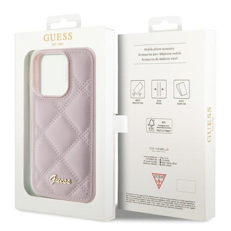 Guess Guess Mobilskal till iPhone 15 Pro Quilted Metal Logo - Rosa